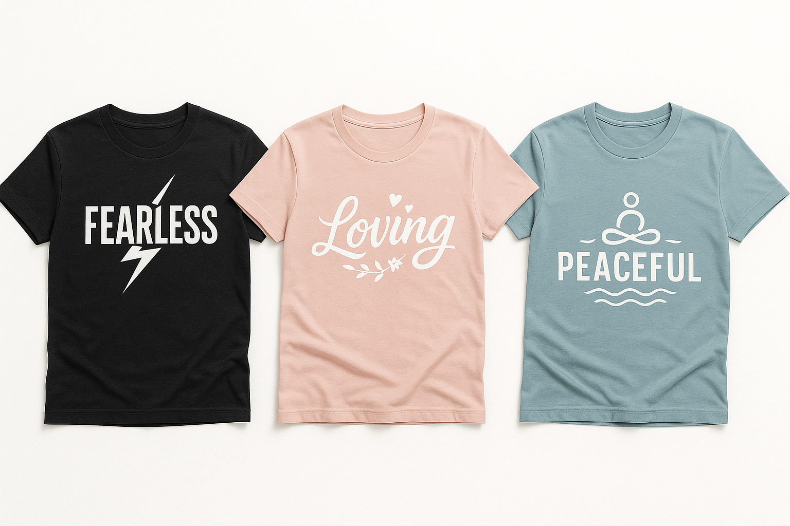 Generate an Image Baner for my Shopify store. It must me simple with just 3 t-shirt mockups next oneanother. The background must be white. The design on the three mockup must be different and inspiring. I want diffent virtues appareing on each of the mockup, on the first one "Fearless", on the second one "Loving" and on the third one "Peaceful".
